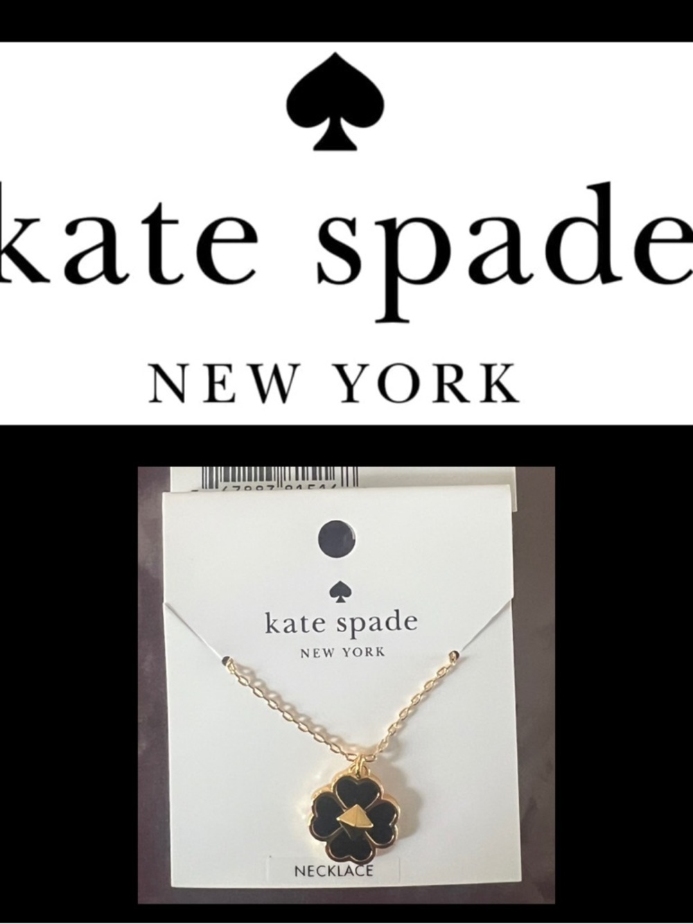 KATE SPADE ♠️ ENAMEL MINI PENDANT Gold and Black Clover Necklace brand new
